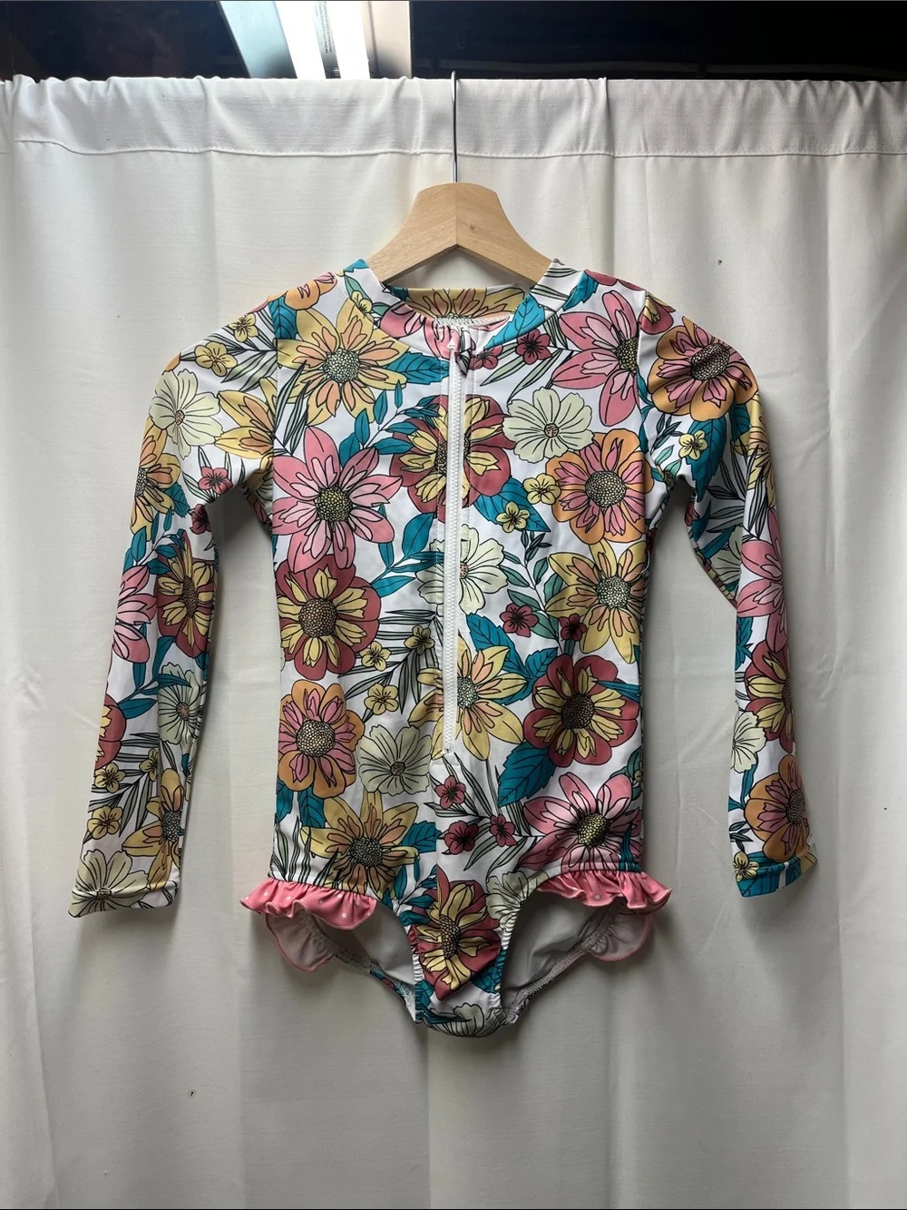 Oopsie Daisy Pink Teal Floral Rashguard One Piece Swimsuit- 8